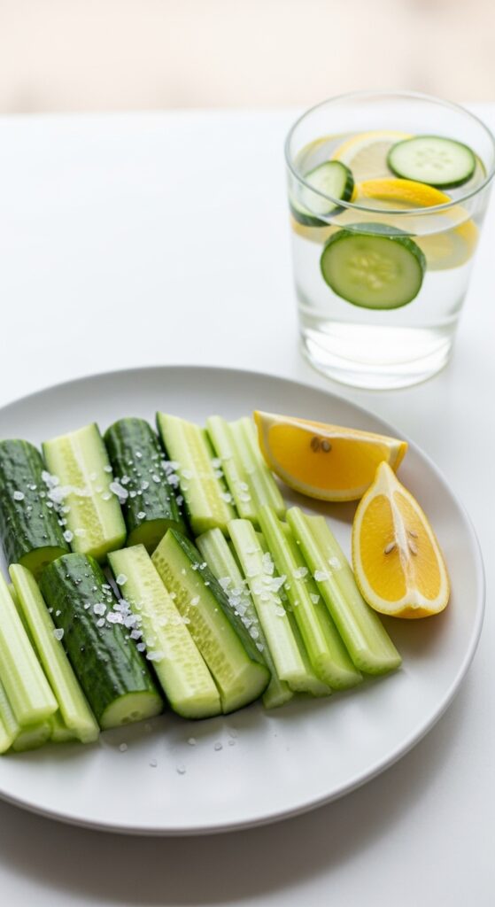 14 Snacks That Detox Your Body Naturally 37 A bright, minimalist photo of sliced cucumbers and celery sticks on a white plate, sprinkled with sea salt, with lemon wedges and a glass of infused water beside them, natural daylight background.