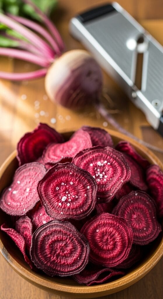 14 Snacks That Detox Your Body Naturally 46 A close-up image of homemade beet chips in a small bowl, with raw beets and a mandoline slicer blurred in the background.