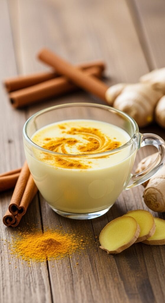 14 Snacks That Detox Your Body Naturally 47 A small glass cup filled with warm golden milk, turmeric powder on the table beside it, with cinnamon sticks and ginger roots arranged aesthetically.