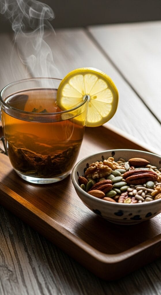 14 Snacks That Detox Your Body Naturally 48 A steaming cup of green tea or dandelion root tea with a lemon slice, paired with a small bowl of mixed nuts and seeds on a natural wooden tray.
