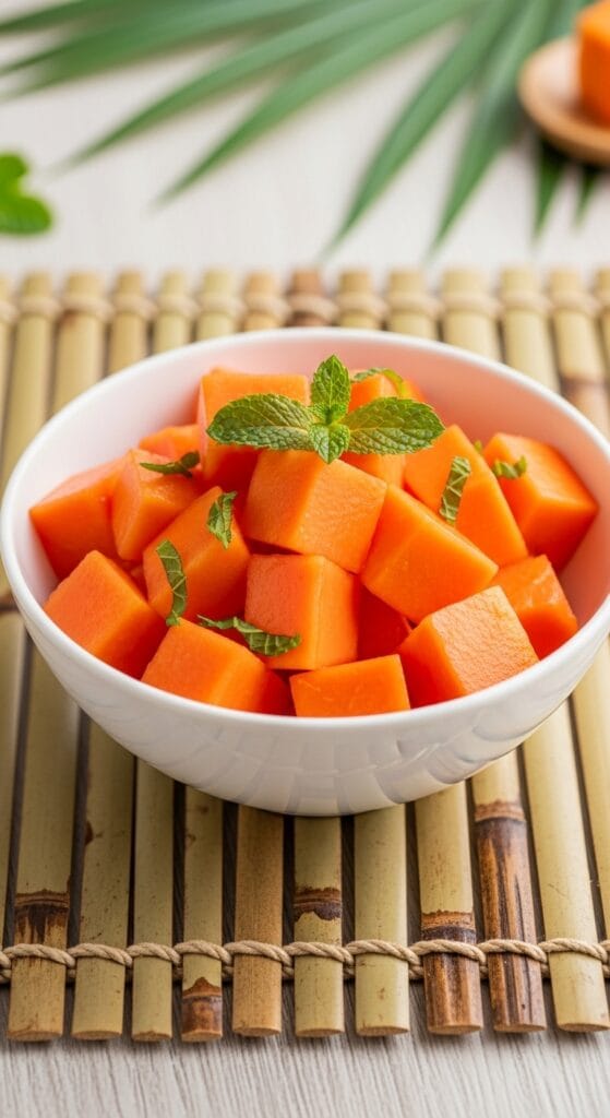14 Snacks That Detox Your Body Naturally 49 A refreshing bowl of bright orange papaya cubes garnished with green mint leaves, placed on a tropical-style bamboo placemat.