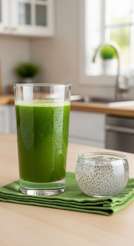 14 Snacks That Detox Your Body Naturally 50 A tall glass of fresh celery juice beside a small clear bowl of soaked chia gel, with a green linen napkin and a clean kitchen background.