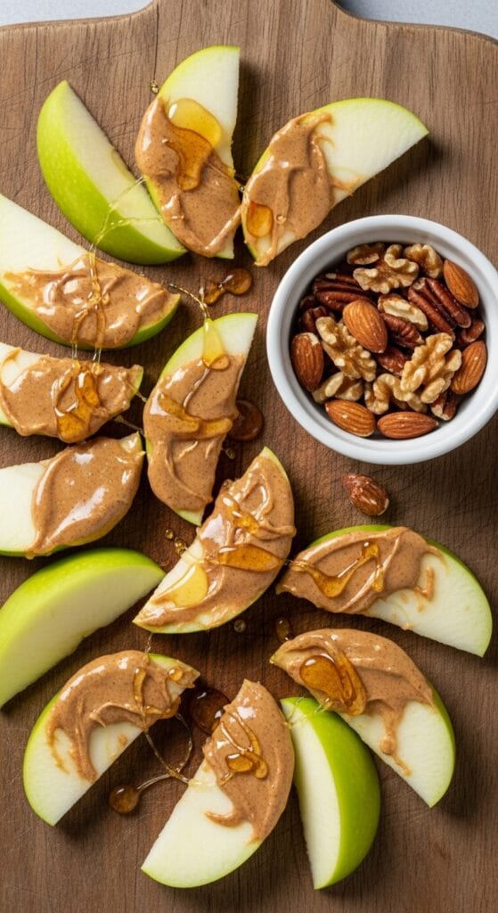 14 Snacks That Detox Your Body Naturally 38 Overhead shot of crisp green apple slices dipped in creamy almond butter, arranged on a rustic wooden board, with a small bowl of nuts and a honey drizzle nearby.