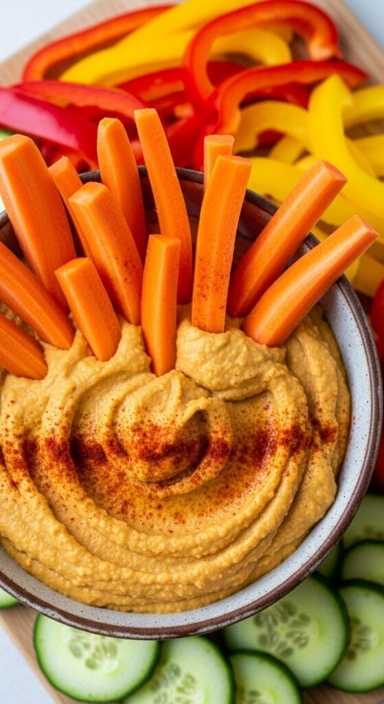 14 Snacks That Detox Your Body Naturally 39 Close-up of fresh carrot sticks dipped in smooth hummus, with paprika sprinkled on top, surrounded by colorful vegetables like bell peppers and cucumber slices.