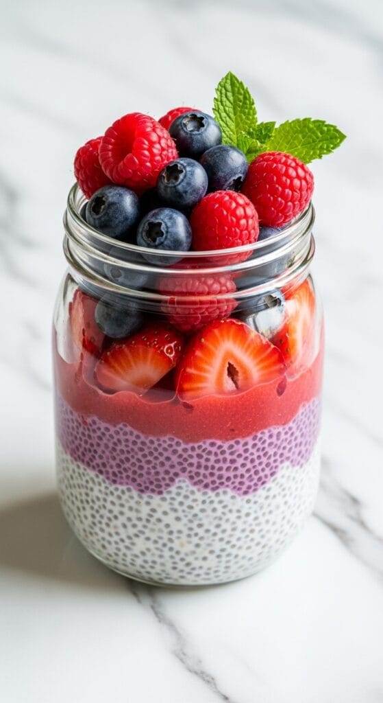 14 Snacks That Detox Your Body Naturally 40 A glass jar filled with chia pudding layered with blueberries, strawberries, and raspberries, topped with a mint leaf, placed on a marble countertop.