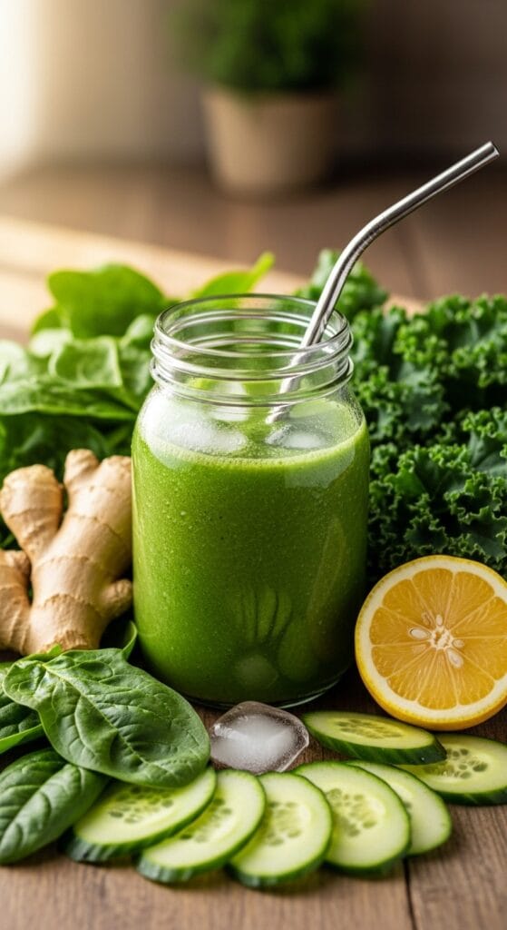 14 Snacks That Detox Your Body Naturally 41 A vibrant green smoothie in a clear glass jar with a reusable straw, surrounded by fresh spinach, kale, ginger root, cucumber slices, and a lemon half.