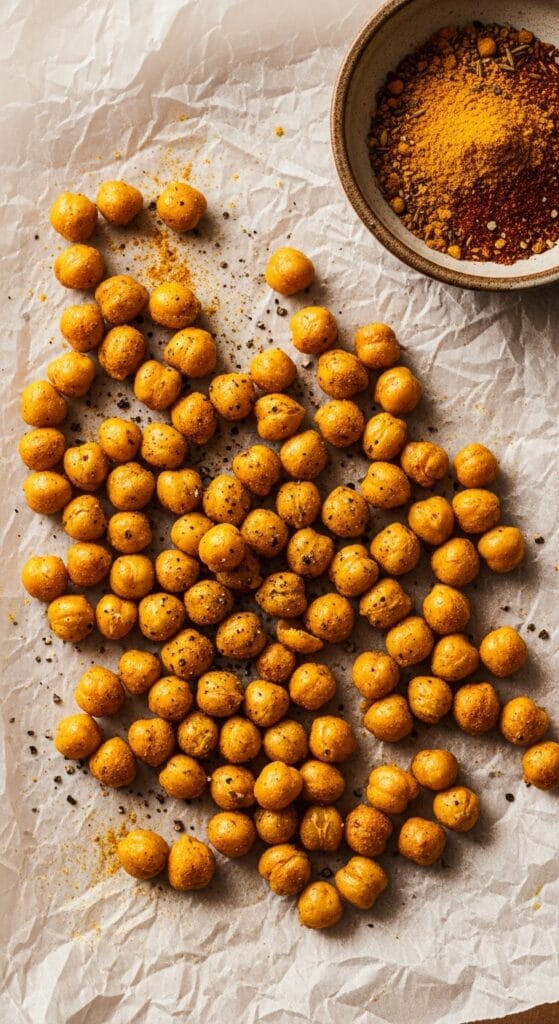14 Snacks That Detox Your Body Naturally 42 Warm-toned flat lay of golden roasted chickpeas on parchment paper, sprinkled with turmeric and black pepper, with a small bowl of spice mix in the corner.
