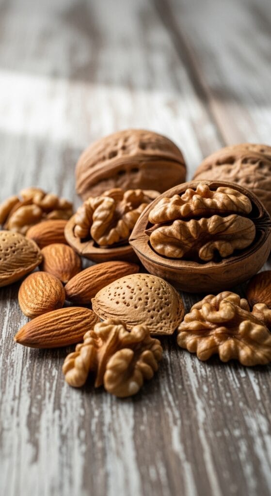 14 Snacks That Detox Your Body Naturally 43 A handful of mixed almonds and walnuts on a rustic wooden table with a blurred background, emphasizing texture and natural light.