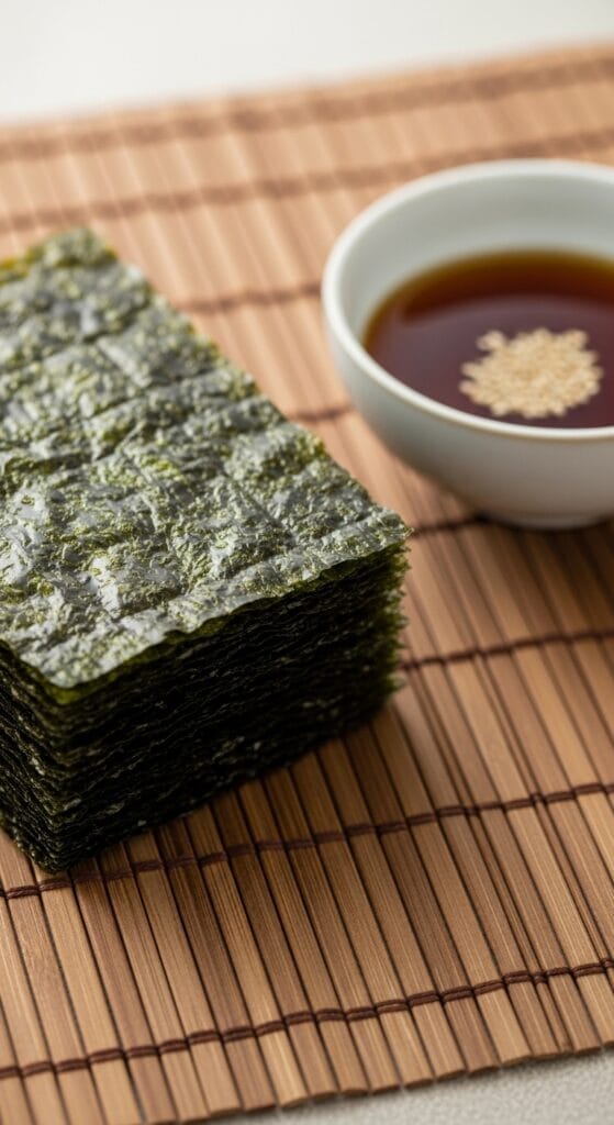 14 Snacks That Detox Your Body Naturally 44 A clean photo of neatly stacked roasted seaweed sheets on a bamboo mat, next to a small bowl of soy sauce and sesame seeds.