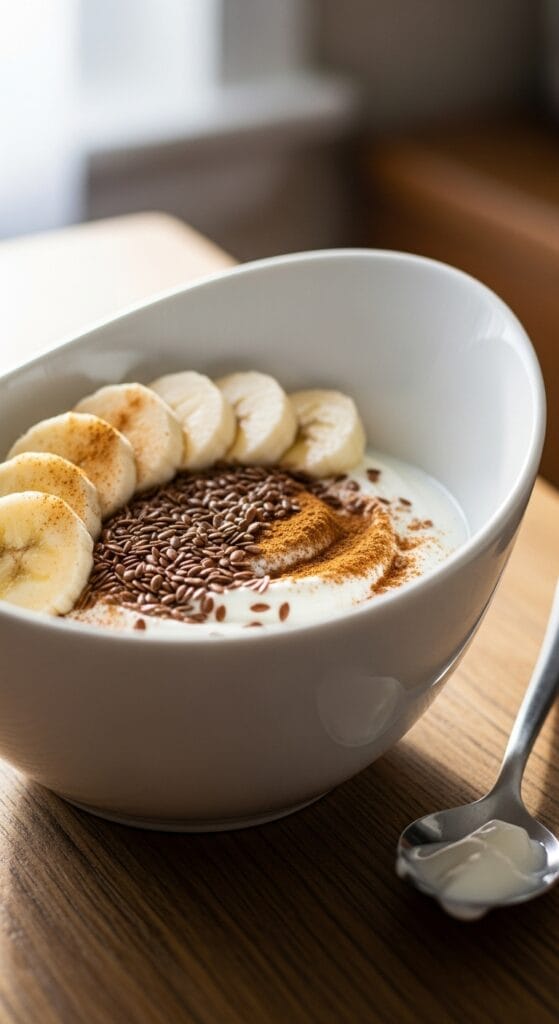 14 Snacks That Detox Your Body Naturally 45 A white ceramic bowl filled with creamy Greek yogurt topped with ground flaxseeds, sliced banana, and a dusting of cinnamon powder, shot with soft morning light.