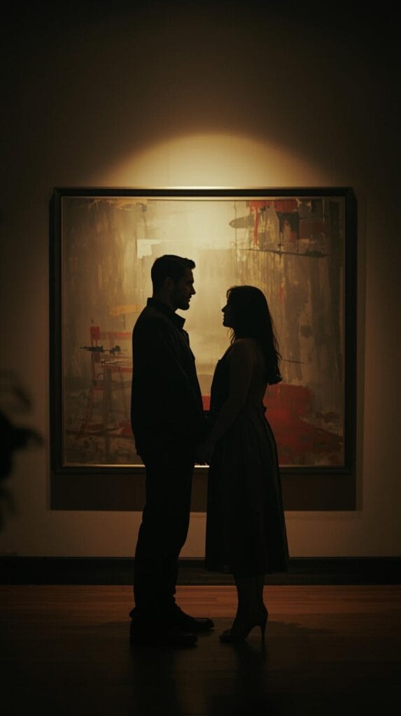 15 Effortless Date Night Ideas That Actually Feel Special 15 A couple standing close in front of a painting, softly lit gallery interior, quiet and thoughtful atmosphere, hand-holding subtly visible.