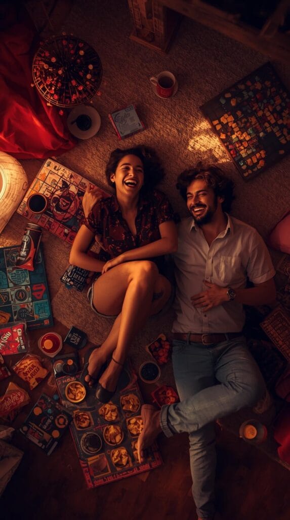 15 Effortless Date Night Ideas That Actually Feel Special 16 A couple laughing on the living room floor surrounded by board games, snacks and drinks nearby, joyful and relaxed lighting.