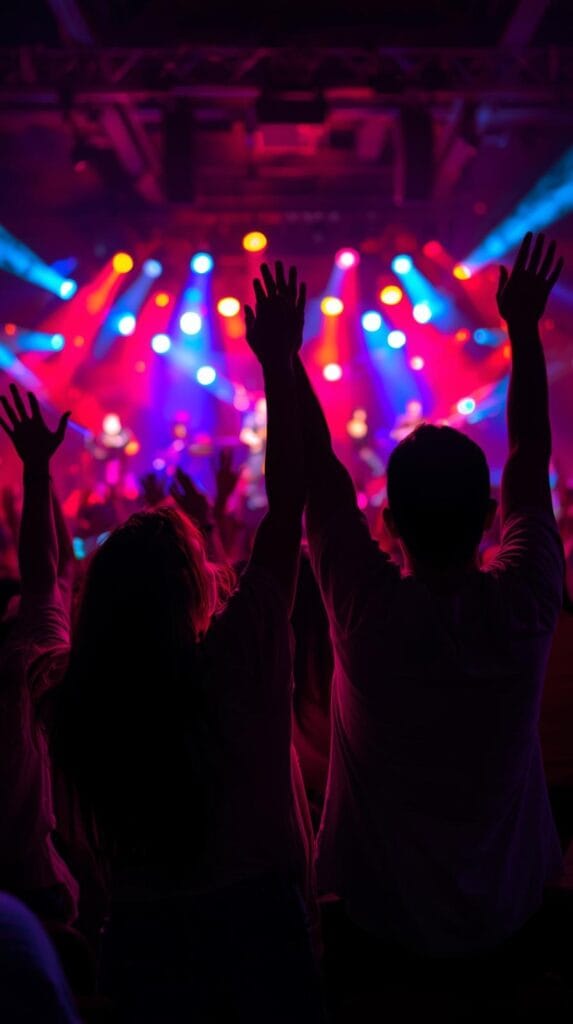 15 Effortless Date Night Ideas That Actually Feel Special 17 A couple enjoying a small concert, stage lights in the background, hands raised, colorful lighting, energetic and happy vibe.