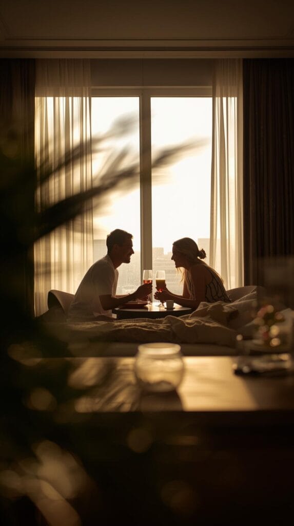 15 Effortless Date Night Ideas That Actually Feel Special 18 A couple relaxing in a cozy hotel room or Airbnb, breakfast in bed, soft natural light through the window, peaceful and romantic mood.