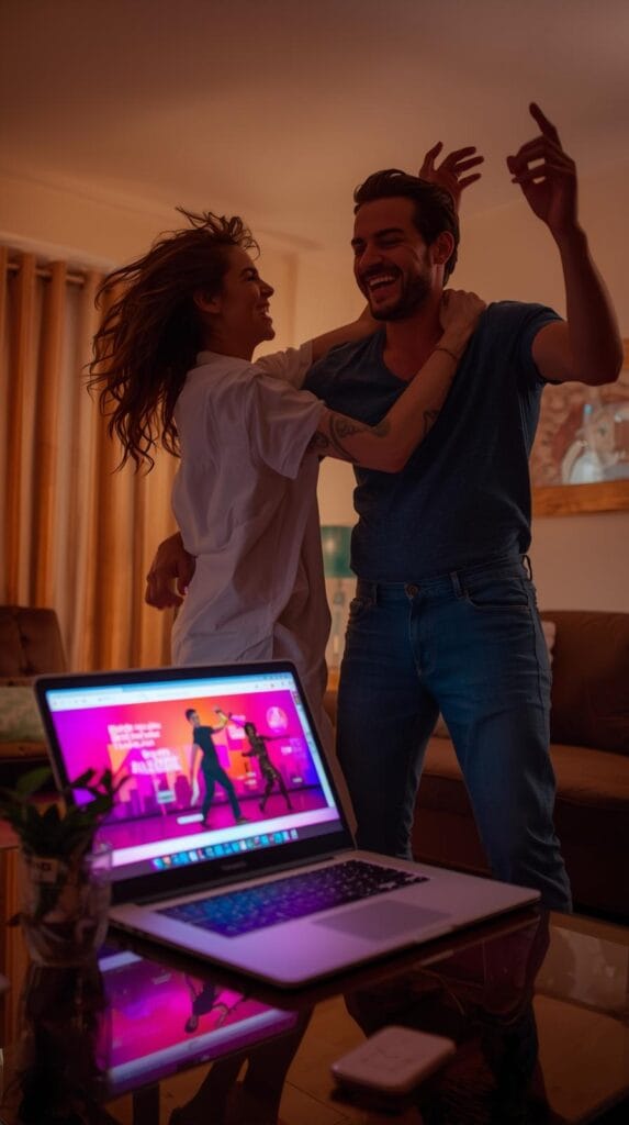 15 Effortless Date Night Ideas That Actually Feel Special 19 A couple dancing in a living room, playful expressions, laptop open on a table showing a dance tutorial, movement and laughter captured.
