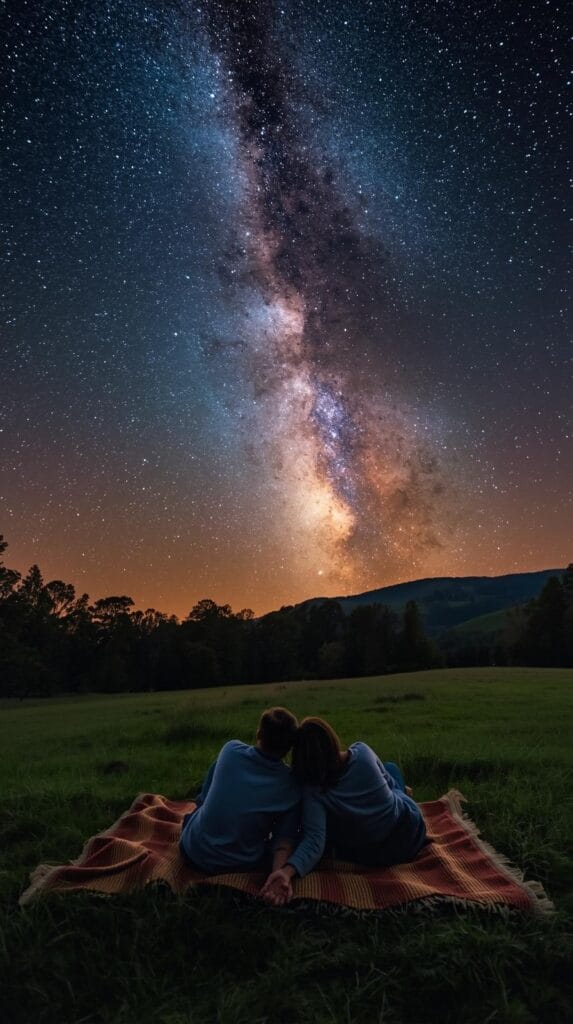15 Effortless Date Night Ideas That Actually Feel Special 20 A couple lying on a blanket under the stars, surrounded by nature, holding hands, Milky Way visible in the night sky.