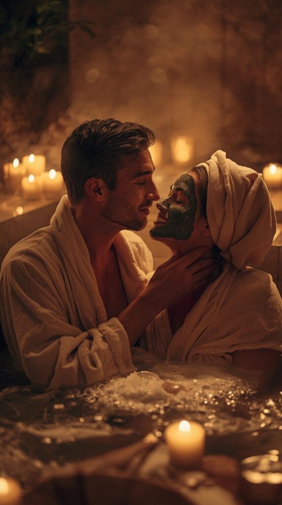 15 Effortless Date Night Ideas That Actually Feel Special 21 A couple in robes giving each other face masks, candles and bath bubbles around, warm golden lighting, calm and loving mood.
