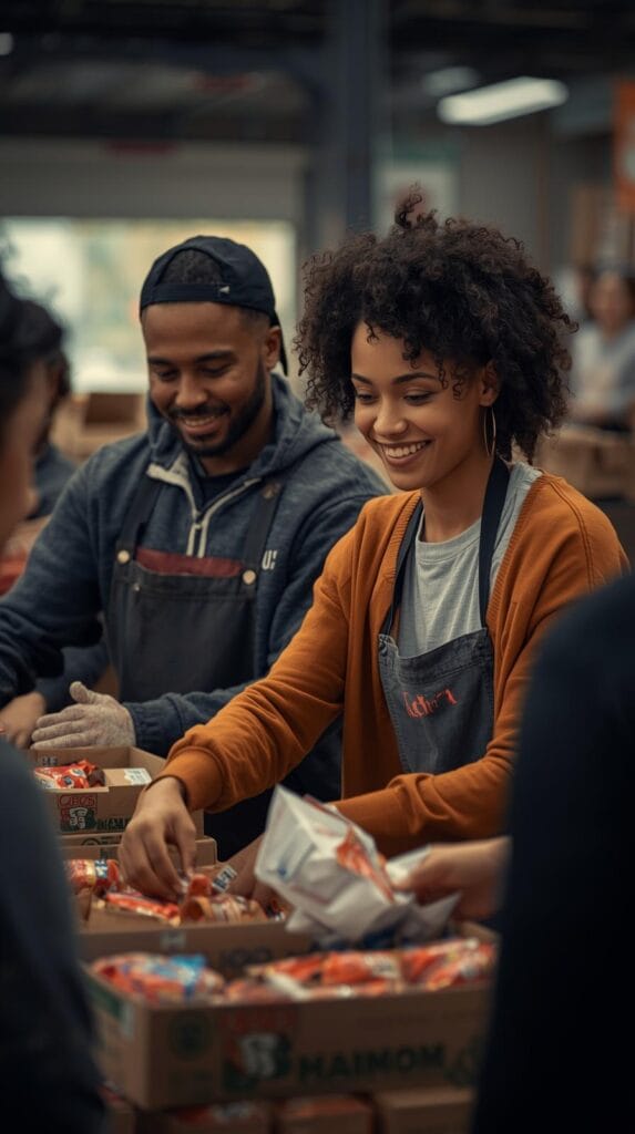 15 Effortless Date Night Ideas That Actually Feel Special 22 A couple wearing casual clothes helping at a food bank, smiling while packing boxes or serving meals, genuine compassion shown.