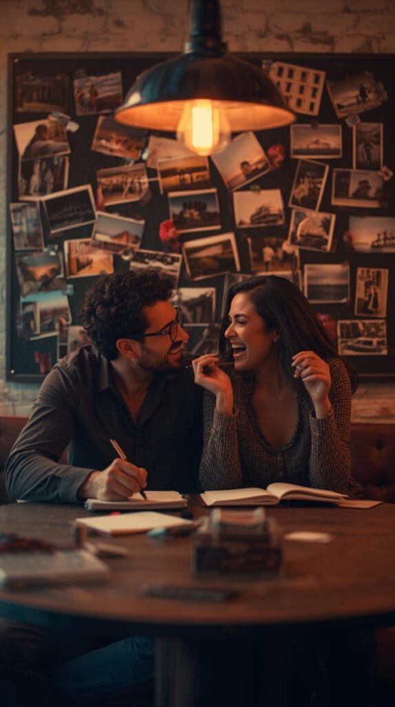 15 Effortless Date Night Ideas That Actually Feel Special 23 A couple sitting together at a table with notebooks and coffee, writing and laughing, dream board or travel photos nearby, hopeful and creative feel.