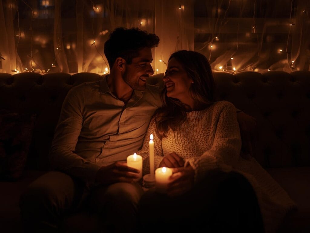15 Effortless Date Night Ideas That Actually Feel Special 24 A couple sitting close on a sofa, candlelight around, smiling warmly at each other, symbolizing peace, comfort, and lasting love.