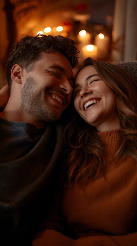 15 Effortless Date Night Ideas That Actually Feel Special 8 A cozy couple sitting on a couch, laughing together under warm lighting, candles glowing in the background, relaxed and romantic atmosphere.