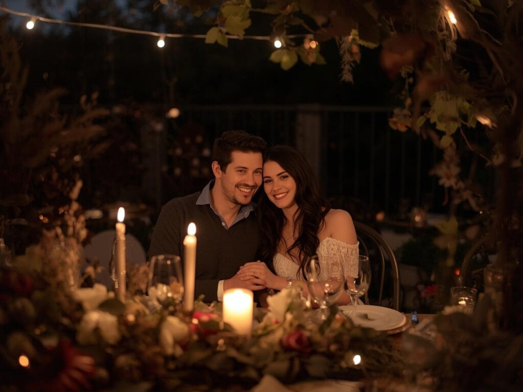 15 Effortless Date Night Ideas That Actually Feel Special 7 A romantic couple sitting together under soft evening lights, surrounded by cozy decor—candles, string lights, and flowers—smiling and holding hands at a beautifully set table, warm tones and dreamy atmosphere, representing effortless and special date night vibes.