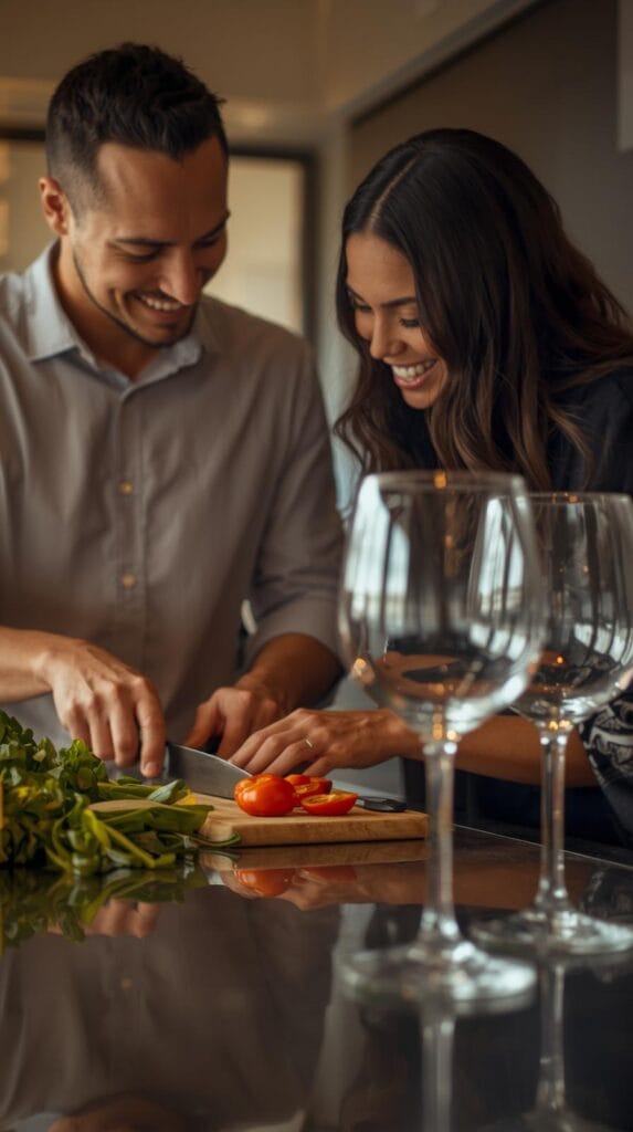 15 Effortless Date Night Ideas That Actually Feel Special 9 A couple cooking together in a modern kitchen, smiling while chopping vegetables and tasting food, wine glasses on the counter, warm ambient lighting.