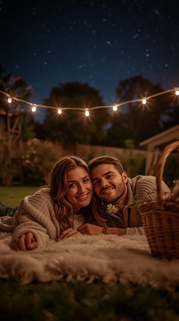 15 Effortless Date Night Ideas That Actually Feel Special 10 A couple lying on a blanket in the backyard at night, fairy lights hanging, picnic basket nearby, stars visible above, cozy and romantic vibe.