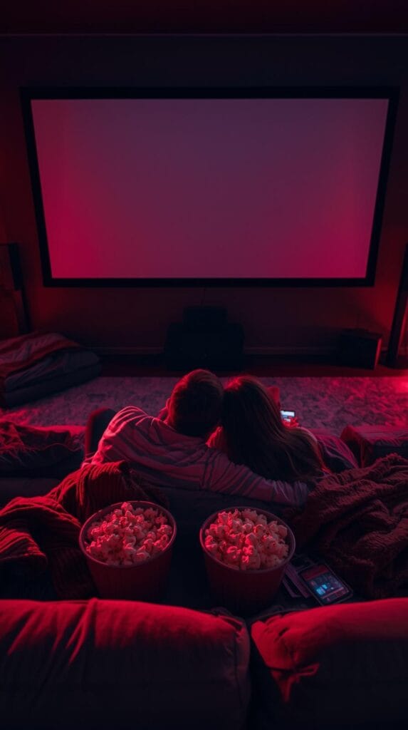 15 Effortless Date Night Ideas That Actually Feel Special 11 A home theater setup with a projector, blankets, popcorn bowls, and a couple cuddled up watching a movie, soft glow from the screen.