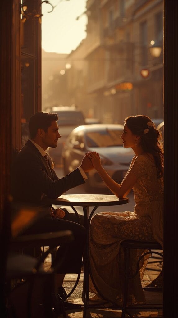 15 Effortless Date Night Ideas That Actually Feel Special 12 A couple dressed nicely at a small café, holding hands across the table, soft evening lighting, nostalgic and warm atmosphere.