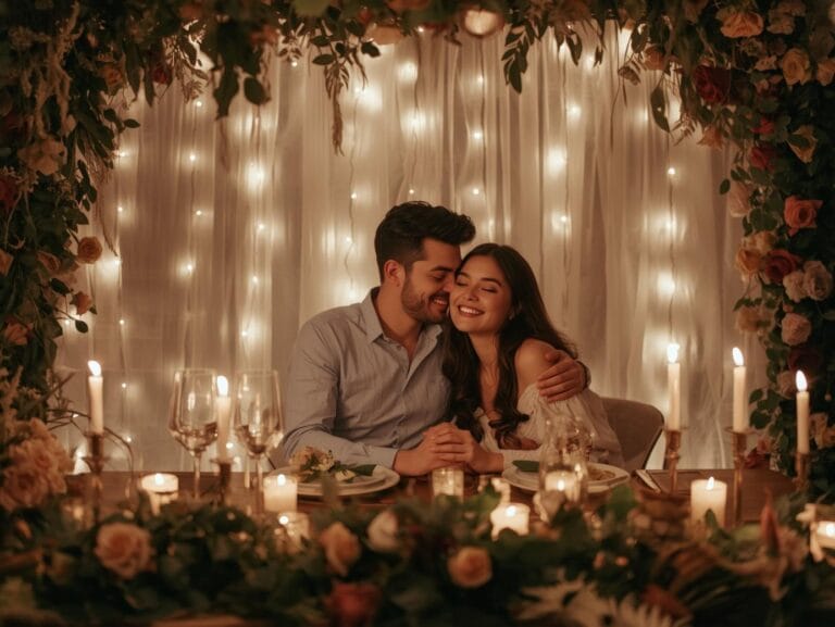 A Romantic Couple Sitting Together Under Soft Evening Lights, Surrounded By Cozy Decor—Candles, String Lights, And Flowers—Smiling And Holding Hands At A Beautifully Set Table, Warm Tones And Dreamy Atmosphere, Representing Effortless And Special Date Night Vibes.
