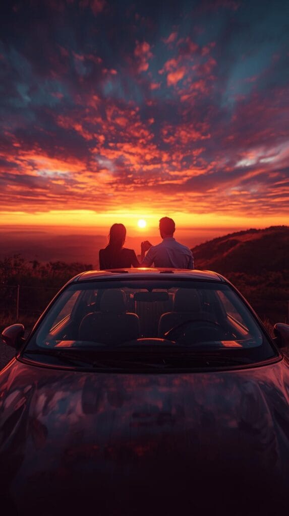 15 Effortless Date Night Ideas That Actually Feel Special 13 A couple in a car parked on a hilltop, sunset reflecting off the windshield, holding hands while looking at the colorful sky.