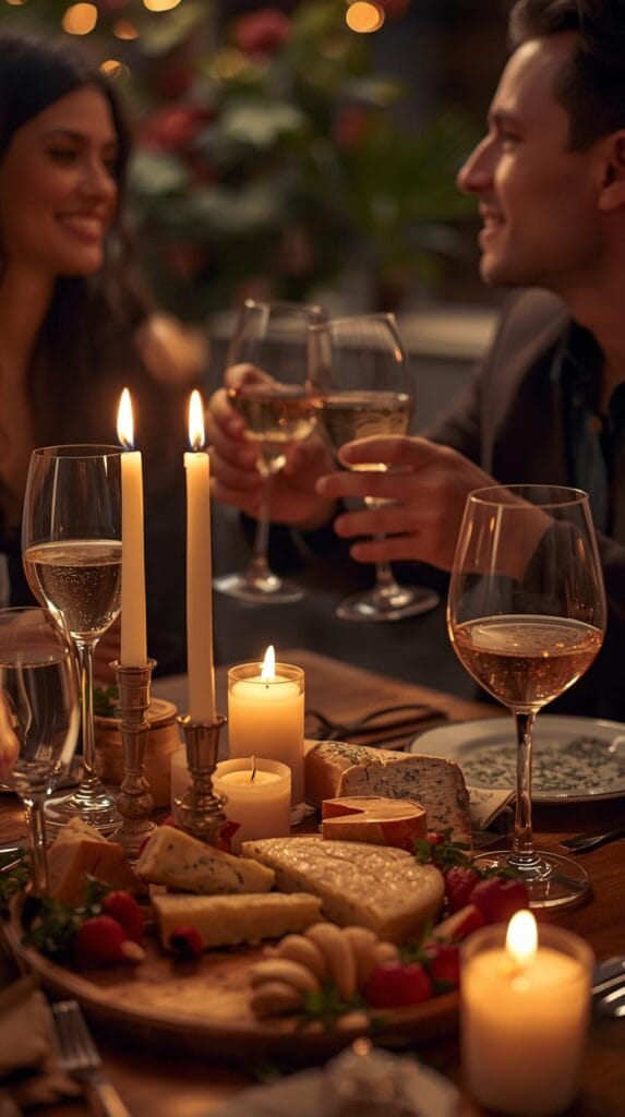 15 Effortless Date Night Ideas That Actually Feel Special 14 A cozy table setup with wine glasses, assorted cheeses, candles, and a couple toasting with smiles, elegant and intimate mood.