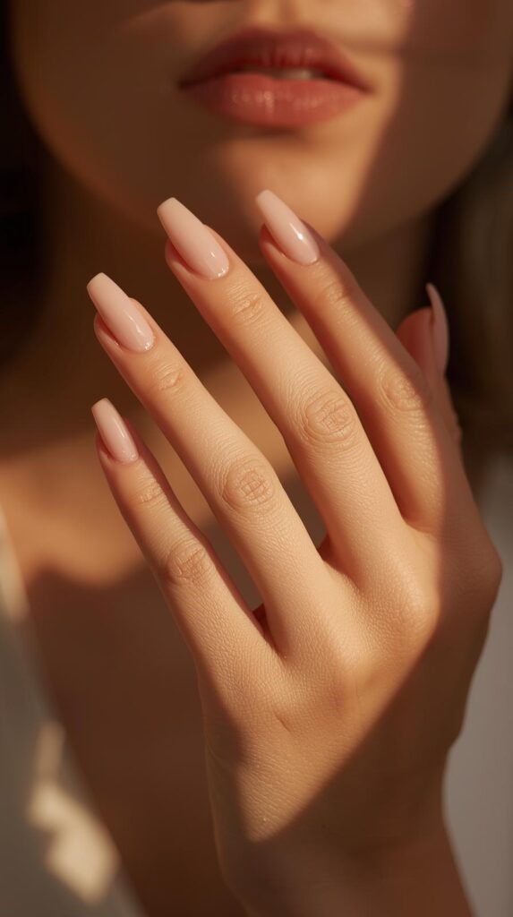 How to Grow Long Nails Naturally 3 A close-up of a woman’s hands with long, clean, natural nails under sunlight, soft background focus, showcasing healthy nail shine, minimal manicure, natural lighting.