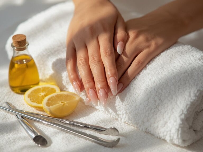 Aesthetic Close-Up Of Elegant Female Hands With Long, Natural, Glossy Nails Resting On A White Towel Beside Coconut Oil, Lemon Slices, And Nail Care Tools; Bright Natural Light, Clean Spa-Like Background, Soft Focus, Realistic Photography Style.