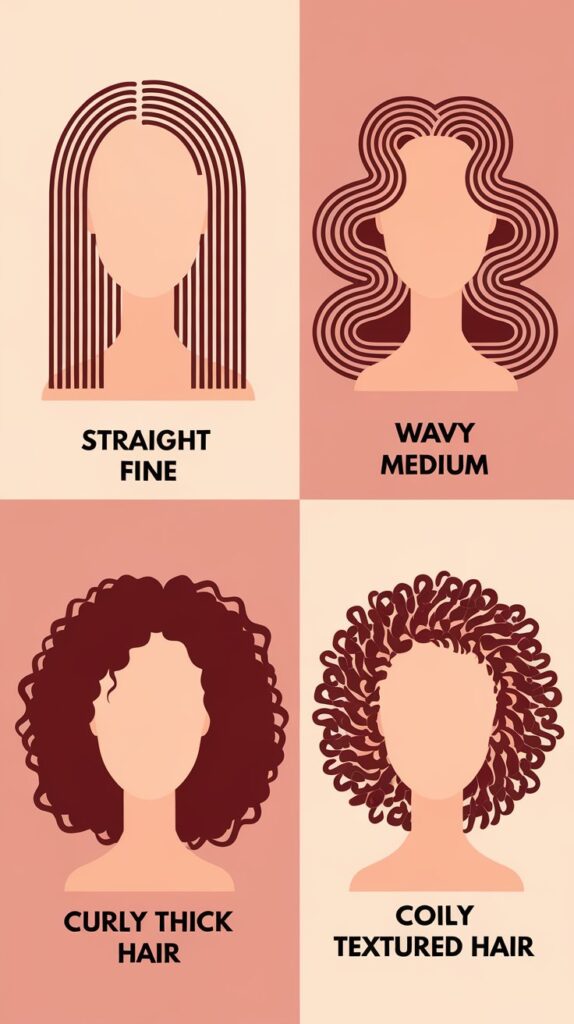 How To Make A Natural Hair Conditioner At Home 3 Infographic Illustration Showing Four Different Hair Types Side By Side: Straight Fine Hair, Wavy Medium Hair, Curly Thick Hair, And Coily Textured Hair, Each With Simple Icons And Labels, Clean Modern Design, Pastel Color Palette