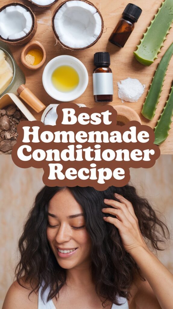 How To Make A Natural Hair Conditioner At Home 2 This Pinterest Pin Presents A Collage Of Two Photos: Natural Ingredients Arranged Beautifully Including Coconut Oil, Shea Butter, Aloe Vera Gel, And Essential Oil Bottles, And A Woman Running Her Fingers Through Soft, Conditioned Natural Hair With A Satisfied Smile. Text Overlay: &Quot;Best Homemade Conditioner Recipe&Quot; In Bold, White Groovy Font.
