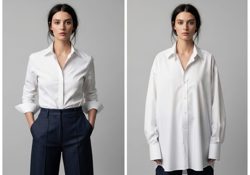 How To Style Oversized Shirts Like A Fashion Blogger 5 Fashion Comparison Photo: Same Woman In White Shirt Shown Twice Side By Side - Left Wearing Regular Fitted Size, Right Wearing Oversized Version (2 Sizes Up). Clean Split Screen Layout, Neutral Background, Natural Lighting, Clear Size Difference Visible, Educational Fashion Styling, Pinterest-Worthy Comparison, Professional Photography.