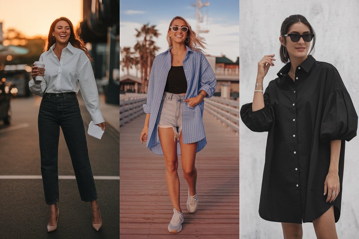 How To Style Oversized Shirts Like A Fashion Blogger 1 Fashion Blog Header Collage: 3 Vertical Portrait Photos Side By Side Of A Stylish Woman In Her 20S Wearing Different Oversized Shirt Outfits - (1) White Shirt With Jeans On City Street, (2) Striped Shirt With Shorts At Beach, (3) Black Shirt Dress At Cafe. Golden Hour Lighting, Natural Candid Poses, Fashion Blogger Aesthetic, Warm Color Palette, Professional Lifestyle Photography, Cohesive Styling, Thin White Borders Between Images, Pinterest-Worthy Layout, 8K Resolution.