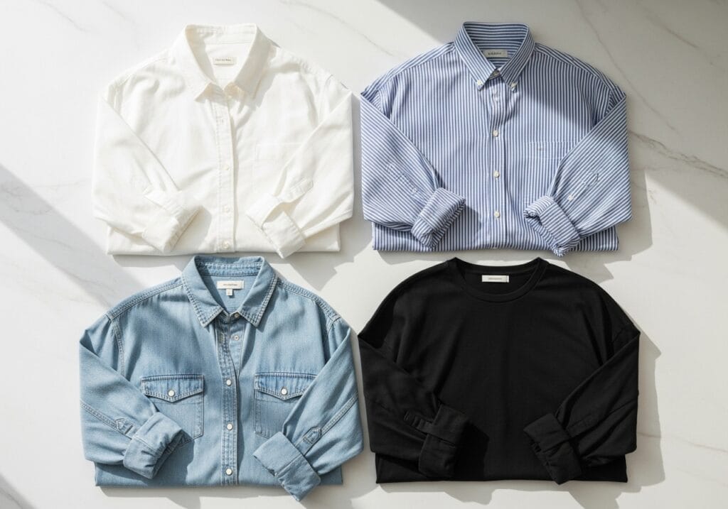 How To Style Oversized Shirts Like A Fashion Blogger 4 Overhead Flat Lay Photography Of 4 Oversized Shirts Arranged Artistically On A Clean White Marble Or Cream Linen Surface. Top Left: Crisp White Cotton Button-Down Shirt. Top Right: Classic Blue And White Striped Oxford Shirt. Bottom Left: Light Wash Denim Chambray Shirt. Bottom Right: Black Oversized T-Shirt Or Button-Down. All Shirts Are Neatly Laid Out With Sleeves Partially Folded, Showing Texture And Fabric Details. Soft Natural Window Lighting From The Side Creating Gentle Shadows, Minimal Aesthetic, Pinterest-Worthy Styling, Fashion Blogger Flat Lay, High-Quality Product Photography, Clean Composition, Airy And Bright Atmosphere, Neutral Color Palette With Pops Of Blue, Professional Lifestyle Photography, 8K Resolution, Instagram Aesthetic.