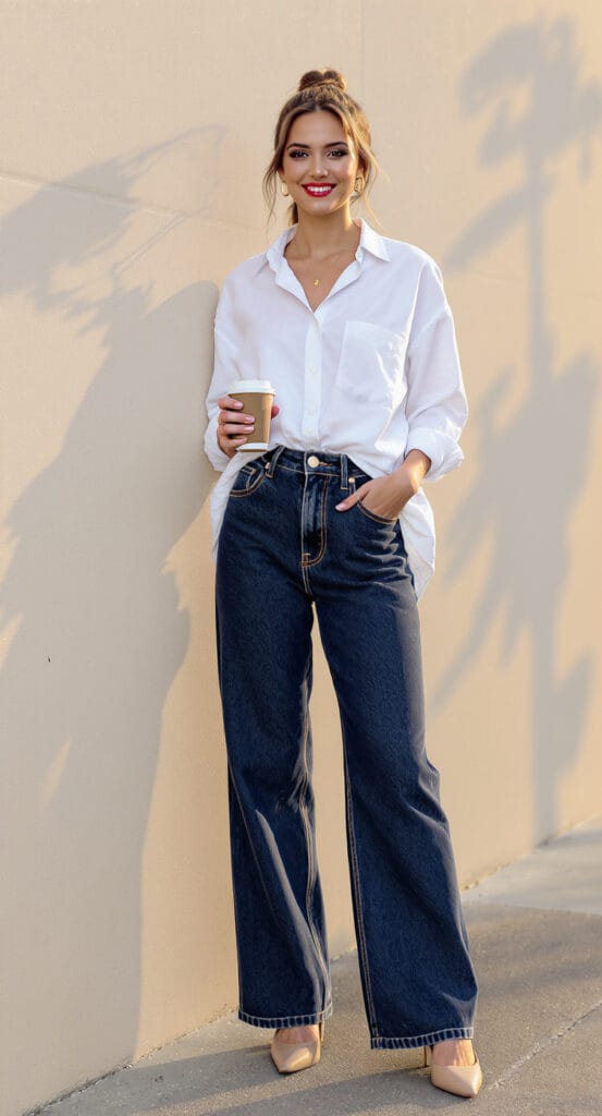 How To Style Oversized Shirts Like A Fashion Blogger 6 Full Body Portrait Of A Confident Stylish Woman In Her Mid-20S Wearing A Crisp White Oversized Button-Down Shirt French-Tucked Into High-Waisted Dark Wash Wide-Leg Denim Jeans With Beige Pointed-Toe Heels. Close-Up Detail Showing The Front Tuck Styling Technique - Front Portion Of Shirt Loosely Tucked In, Back Completely Loose And Flowing. She'S Standing On A Clean Urban Street Or Against A Minimalist Neutral Wall, Natural Confident Pose With One Hand In Pocket Or Holding A Coffee Cup, Warm Golden Hour Lighting, Soft Shadows, Fashion Blogger Street Style Aesthetic, Editorial But Approachable, Lifestyle Photography, Instagram-Worthy Composition. Shot From Slightly Below Eye Level To Show Full Outfit And Shoe Details. Color Palette: Crisp White, Deep Indigo Denim, Tan Beige Heels, Warm Natural Tones. Minimalist Gold Jewelry (Small Hoops Or Delicate Necklace), Hair In Casual Messy Bun Or Loose Waves, Natural Makeup, Genuine Relaxed Smile. Photorealistic, High-Quality Fashion Photography, 8K Resolution, Pinterest Aesthetic, Casual Chic Vibe.