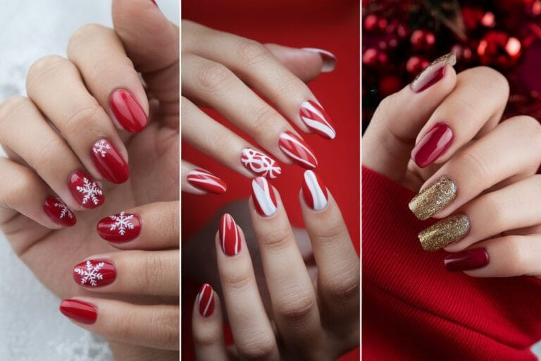 Three Vertical Portrait Photos Arranged Side By Side Showing Close-Up Shots Of Hands With Red Christmas Nail Designs. Left Image: Glossy Classic Red Manicure With Snowflakes. Center Image: Red Nails With White Candy Cane Stripes. Right Image: Red Nails With Gold Glitter Accents. Clean White Background, Professional Nail Photography, Festive Holiday Aesthetic, High Quality Product Photography Style