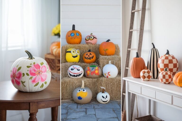 A Horizontal Collage Of Three Portrait Photos Side By Side With Thin White Borders. Left Photo: Elegant White Pumpkin With Pink Floral Paintings On Wooden Table. Center Photo: Colorful Painted Pumpkins Including Disney Characters Like Minions And Jack Skellington On Hay Bales. Right Photo: Modern Painted Pumpkins With Terracotta And Checkerboard Patterns On White Console Table. Bright Natural Lighting, Realistic Photography, Cozy Fall Atmosphere, Professional Quality.