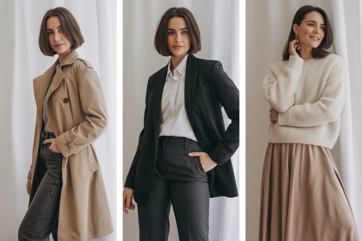 25 Timeless Outfit Ideas That Never Go Out Of Style 1 Create A Clean Fashion Collage With 3 Vertical Portrait Images Side By Side. Left Image: Woman In Beige Trench Coat And Jeans. Center Image: Woman In Black Blazer With White Shirt And Tailored Pants. Right Image: Woman In Cashmere Sweater And Midi Skirt. Minimalist Background, Natural Lighting, Elegant And Timeless Aesthetic. Modern Fashion Photography Style, Soft Neutral Color Palette, Professional Quality.