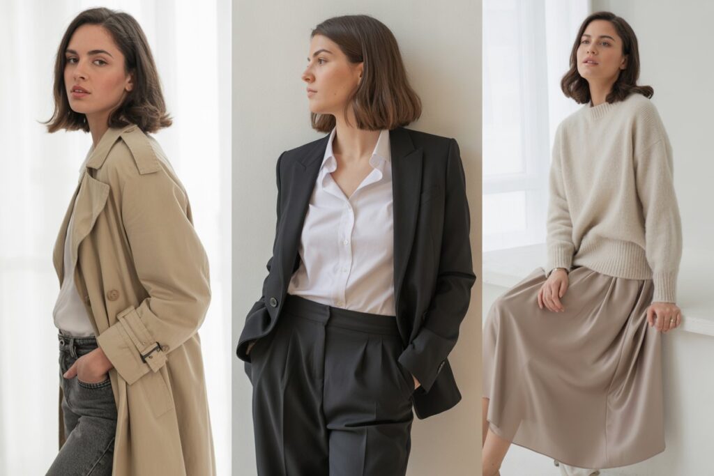 25 Timeless Outfit Ideas That Never Go Out Of Style 2 Create A Clean Fashion Collage With 3 Vertical Portrait Images Side By Side. Left Image: Woman In Beige Trench Coat And Jeans. Center Image: Woman In Black Blazer With White Shirt And Tailored Pants. Right Image: Woman In Cashmere Sweater And Midi Skirt. Minimalist Background, Natural Lighting, Elegant And Timeless Aesthetic. Modern Fashion Photography Style, Soft Neutral Color Palette, Professional Quality.
