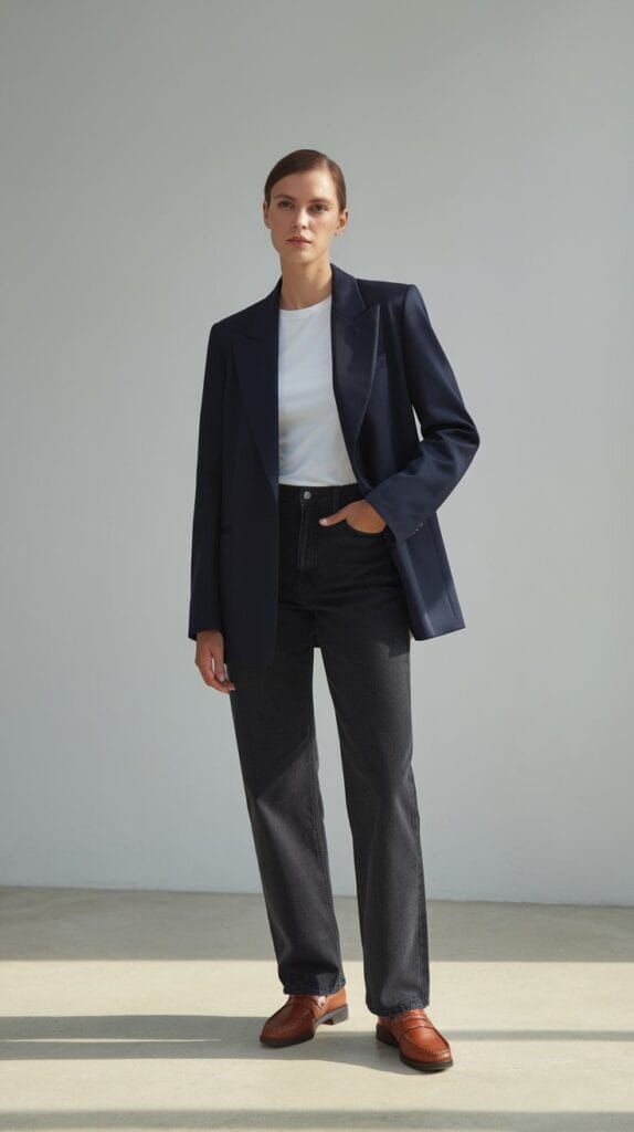 25 Timeless Outfit Ideas That Never Go Out Of Style 3 Professional Woman Wearing Tailored Navy Blazer Over White T-Shirt And Straight-Leg Dark Jeans, Brown Leather Loafers, Standing Against Clean White Background, Confident Posture, Hands In Pockets, Natural Lighting, Minimalist Fashion Photography, Full Body Shot