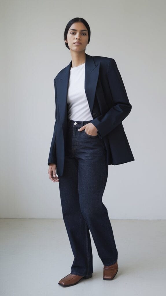 25 Timeless Outfit Ideas That Never Go Out Of Style 5 Professional Woman Wearing Tailored Navy Blazer Over White T-Shirt And Straight-Leg Dark Jeans, Brown Leather Loafers, Standing Against Clean White Background, Confident Posture, Hands In Pockets, Natural Lighting, Minimalist Fashion Photography, Full Body Shot