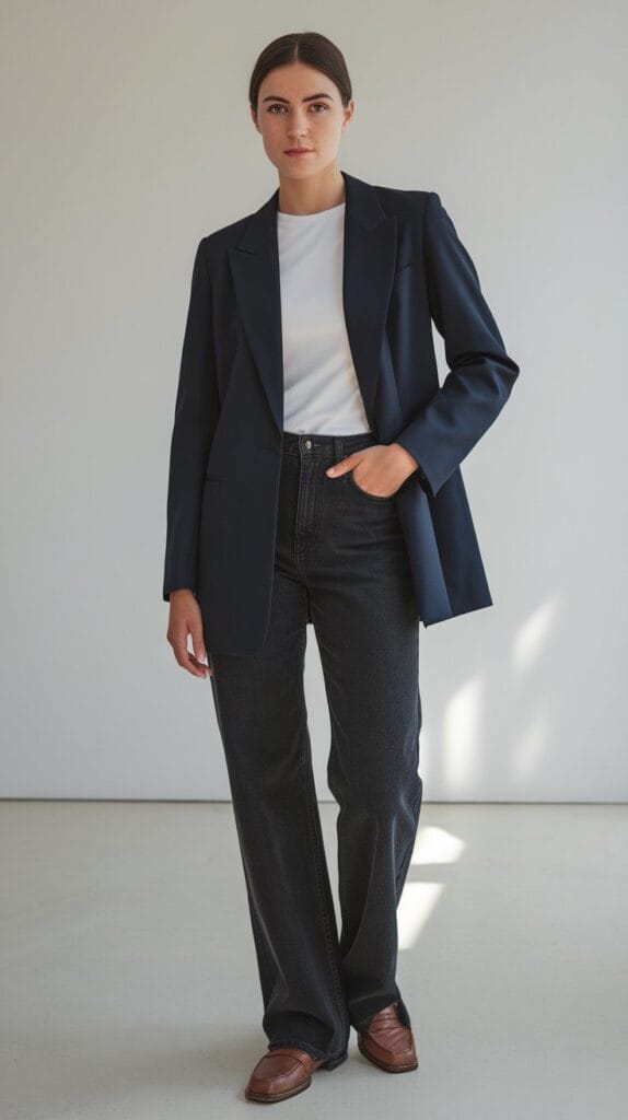 25 Timeless Outfit Ideas That Never Go Out Of Style 4 Professional Woman Wearing Tailored Navy Blazer Over White T-Shirt And Straight-Leg Dark Jeans, Brown Leather Loafers, Standing Against Clean White Background, Confident Posture, Hands In Pockets, Natural Lighting, Minimalist Fashion Photography, Full Body Shot