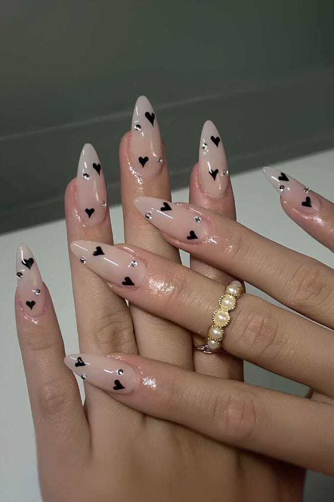 New Year'S Eve Nails: 20 Sparkly Designs For Nye 12 Nude Nails With Gems And Black Hearts