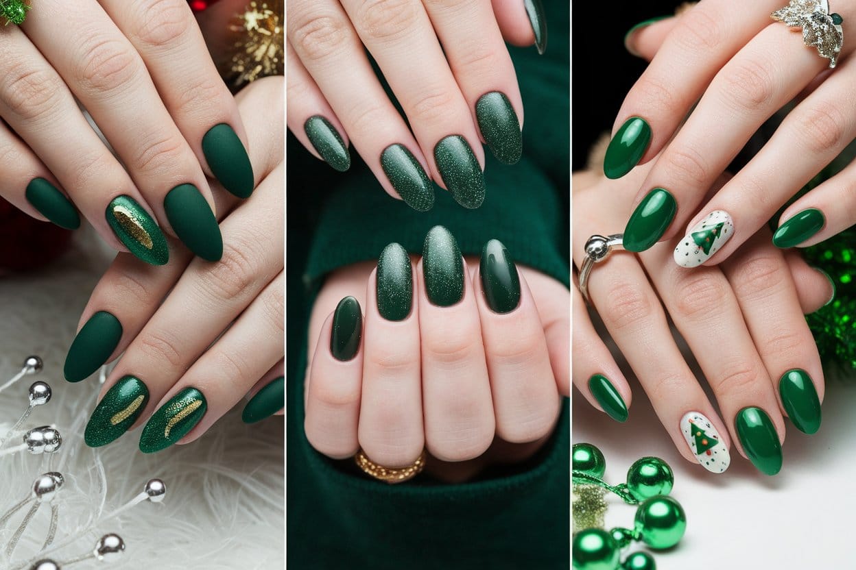 25+ Green Christmas Nail Ideas For A Festive Holiday Look 1 3-Panel Vertical Collage Of Green Christmas Nail Designs. Left Panel: Elegant Emerald Green Almond Nails With Gold Accent Nail. Center Panel: Sparkly Dark Green Nails With Glitter Ombre Effect. Right Panel: Festive Green Nails With Tiny Christmas Tree Nail Art. Clean White Background, Professional Nail Photography, Soft Lighting, Hands Positioned Gracefully, Holiday Aesthetic, High Quality Product Photography Style.